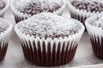 Several chocolate muffins on the white square plate
