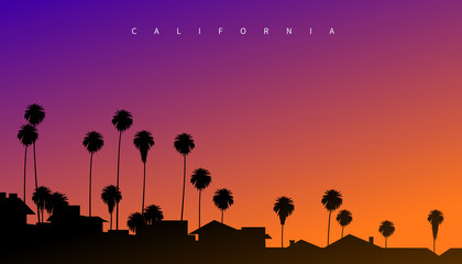 Fototapeta na wymiar Beautiful sunset somewhere in California, USA. Creative postcard style vector illustration with evening sky, palm trees and mansions silhouette in the foreground