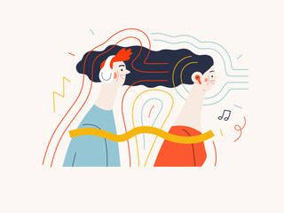 Technology Memphis - music streaming -modern flat vector concept digital illustration of young people wearing headphones listening the music, streaming application. Creative landing web illustration