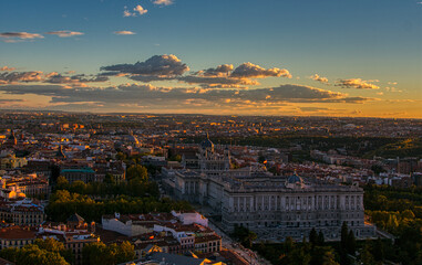 panoramic view from the top of the historic center of Madrid at sunset 