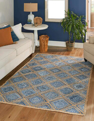 Modern geometry blue braided living room rug.