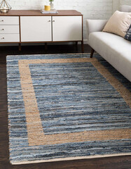 Modern geometry blue braided living room rug.