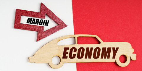 On a white and red background, a car and an arrow with the inscription - MARGIN