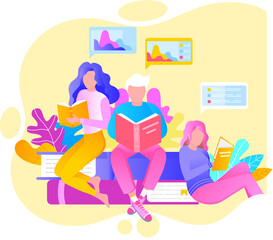 Reading people flat character set with books magazines literature isolated vector illustration. Young male and female readers dressed in trendy clothes relaxing at home with books or textbooks