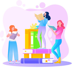 Reading people flat character set with books magazines literature isolated vector illustration. Young male and female readers dressed in trendy clothes relaxing at home with books or textbooks