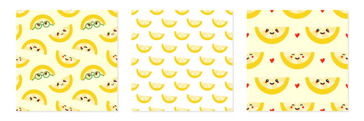 Set, collection of three vector seamless pattern backgrounds with lemon slices and lemon characters for food and nature design.
