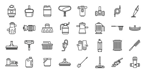 Pool cleaning icons set outline vector. Brush backet