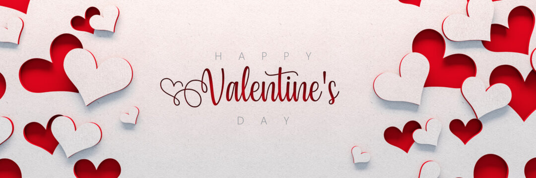 Happy Valentine's Day text with cutout paper hearts on white background 3D Rendering, 3D Illustration	