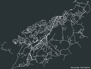 Detailed negative navigation white lines urban street roads map  of the SERRAVALLE MUNICIPALITY of the Republic of San Marino on dark gray background
