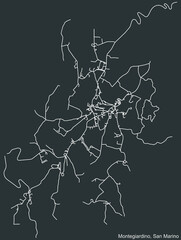 Detailed negative navigation white lines urban street roads map  of the MONTEGIARDINO MUNICIPALITY of the Republic of San Marino on dark gray background