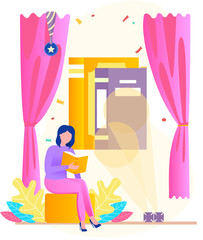 Young woman reading book, studying at home, book lovers hobby. Student resting with book, female character is fond of literature, enjoys reading, gets education