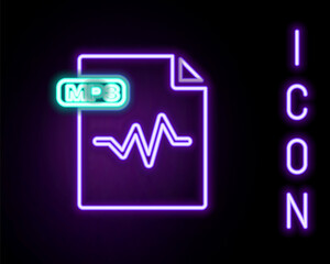 Glowing neon line MP3 file document. Download mp3 button icon isolated on black background. Mp3 music format sign. MP3 file symbol. Colorful outline concept. Vector