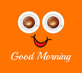 Good morning hand drawn lettering on orrange backround and Vector Cup Of Coffee with face