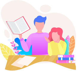 Reading people flat character set with books magazines literature isolated vector illustration. Young male and female readers dressed in trendy clothes relaxing at home with books or textbooks