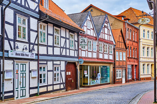 Dannenberg, Germany - September 20, 2021: View to the cityscape of the German medieval town Dannenberg with historical buildings.