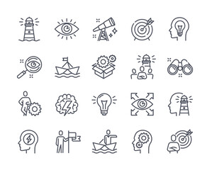 Vision and innovation business icon set. Stickers with magnifying glass, light bulb, achievement and success. Design element for websites. Cartoon flat vector collection isolated on white background