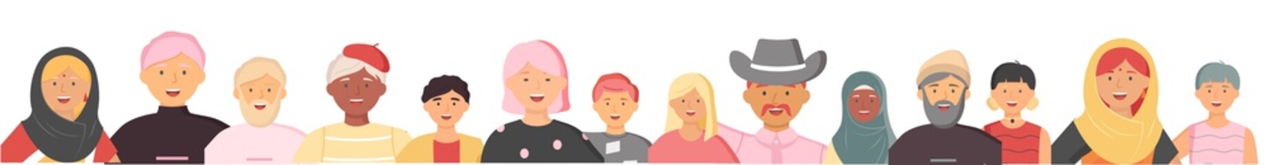 Multiethnic group of people standing together community and togetherness concept, diversity portrait. Characters men and women isolated on white. Crowd community. Social diversity friends or relatives