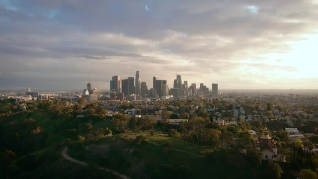 Aerial of Los Angeles Skyline Dusk