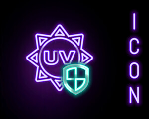 Obraz premium Glowing neon line UV protection icon isolated on black background. Sun and shield. Ultra violet rays radiation. SPF sun sign. Colorful outline concept. Vector