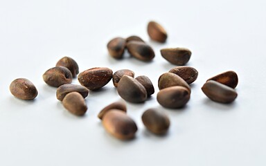 unpeeled pine nut kernels are scattered on a wooden table. copy space