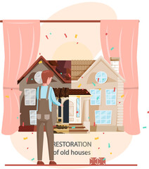 Home house repair renovation service. Before and after creative concept, restoration of old building. Contractor standing in front of home before and after overhaul. Reconstruction of cottage facade
