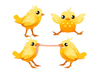 Cute little chick standing and eating worm side view cartoon character design flat vector illustration.