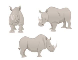 Set of african rhinoceros side view cartoon animal design flat vector illustration isolated on white background © Alfmaler