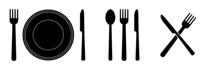 Fork, knife, spoon and plate black icons for apps and websites. Tableware set flat style. Dinner service collection vector set isolated on white background. Logotype menu.