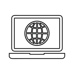 Computer, globe outline icon. Line art sketch.