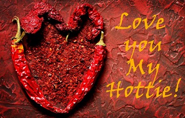 Valentine's day card with the inscription "Love you My Hottie!". heart of hot chili peppers on a red background. slang used