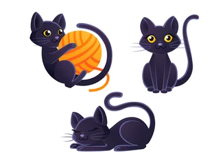 Fotobehang Set of cute adorable black cat playing with orange ball of wool cartoon animal design flat vector illustration on white background © An-Maler