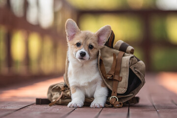 Welsh corgi pembroke puppy dog in a brown backpack on a bright sunny summer day © honey_paws