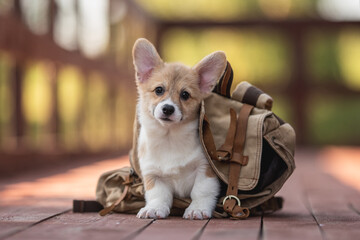 Welsh corgi pembroke puppy dog in a brown backpack on a bright sunny summer day