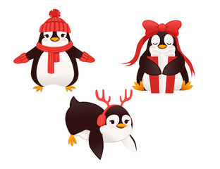 Set of cute penguins dressed in warm winter clothes and building snow man cartoon animal design flat vector illustration