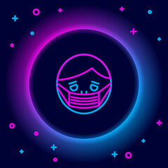 Glowing neon line Man face in a medical protective mask icon isolated on black background. Quarantine. Colorful outline concept. Vector