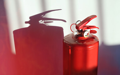 Concept, fire in house, red fire extinguisher on wall background with shadow and flame reflection