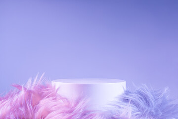White podium with faux fur and smoke in periwinkle blue shades of light