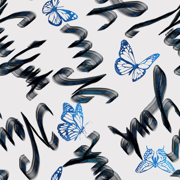 Seamless pattern urban design. Mixed background with words butterfly, New York, sun, summer, love, handwriting dreamy. Textile print for bed linen, jacket, package design, fabric and fashion concepts.