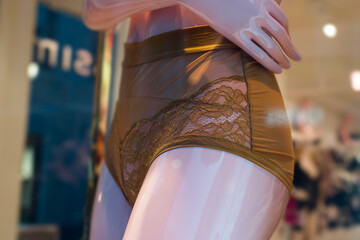 Closeup of brown lace panties on mannequin in a luxury fashion store showroom