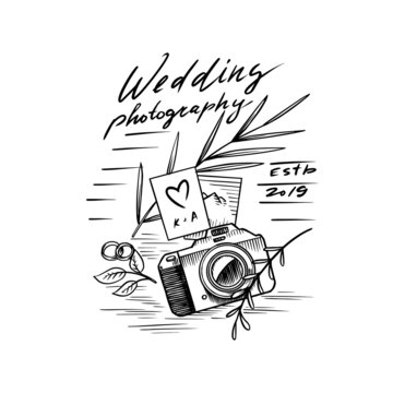 Wedding photographer badge or logo. Photo camera and plants or flowers and engagement rings for the holiday. Template for studio store. Hand drawn sketch for banner in simple minimalistic style. 