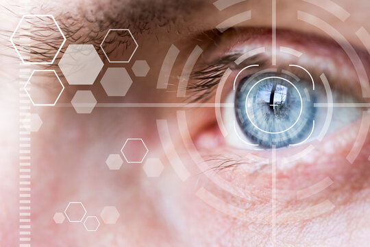 Eye monitoring and eye scan . Biometric iris scan of male eye close up.