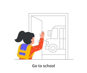 Leaving home concept. Cute little girl with backpack on her back leaves apartment and goes to school bus. Child goes to school. Getting knowledge. Cartoon contemporary flat vector illustration