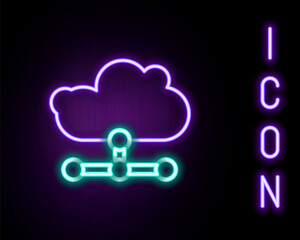 Glowing neon line Network cloud connection icon isolated on black background. Social technology. Cloud computing concept. Colorful outline concept. Vector