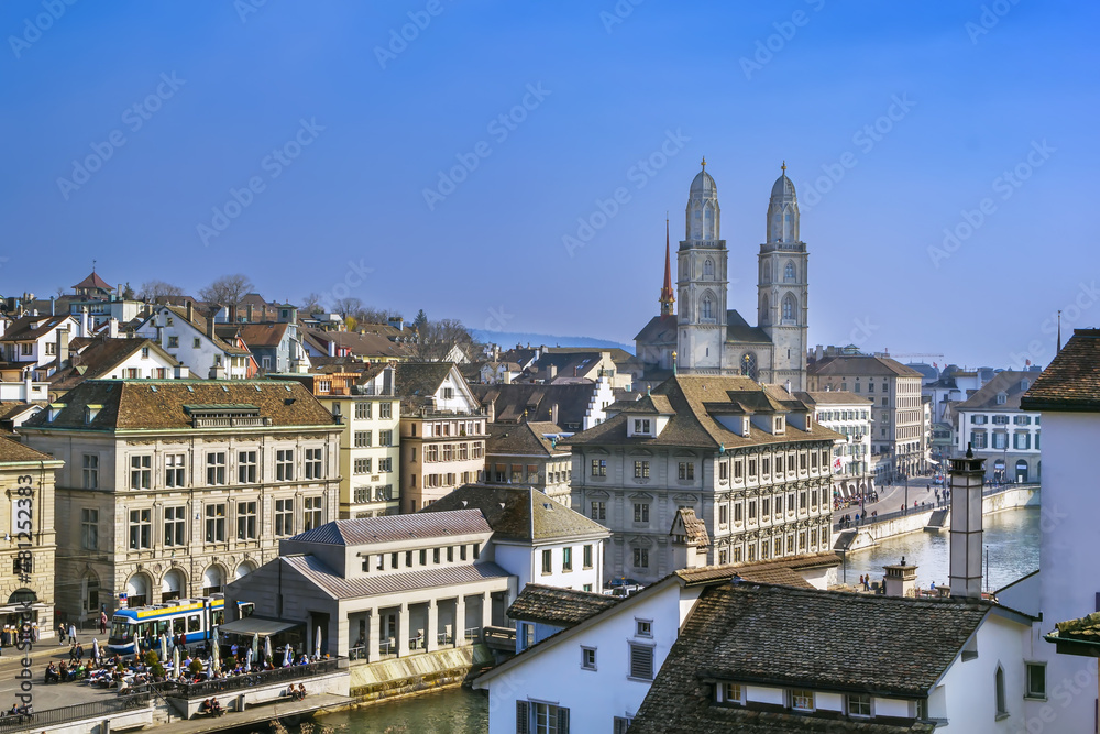 Wall mural view of zurich with grossmunster church, switzerland