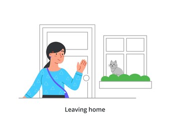 Leaving home concept. Young smiling woman with bag comes out of apartment and waves to her beloved cat. Female character says goodbye to pet and goes to work. Cartoon flat vector illustration