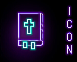 Obraz premium Glowing neon line Holy bible book icon isolated on black background. Colorful outline concept. Vector