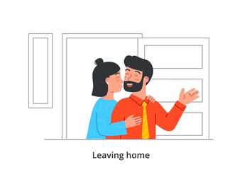 Leaving home concept. Happy wife accompanies smiling bearded husband to work. Woman kisses her husband on cheek in doorway. Spouses show tenderness. Cartoon contemporary flat vector illustration