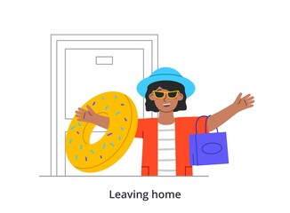 Leaving home concept. Happy young woman comes out of apartment wearing sunglasses and holding lifeline in her hands. Female character goes on journey. Cartoon contemporary flat vector illustration