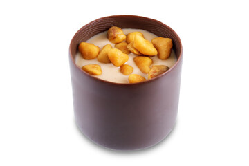 Dark chocolate nut cream roasted nuts candy on a white isolated background