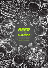 Pub food frame vector illustration. Beer, meat, mussels, fast food and snacks hand drawn. Food set for pub design top view. Vintage engraved illustration for beer restaurant.